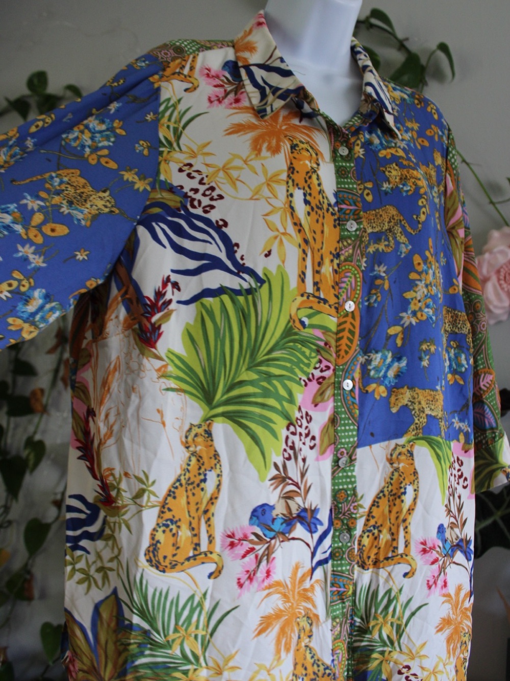 Rose + Olive 1X Patchwork Leopard Tropical Print Oversized Button Down Shirt - Picture 4 of 12